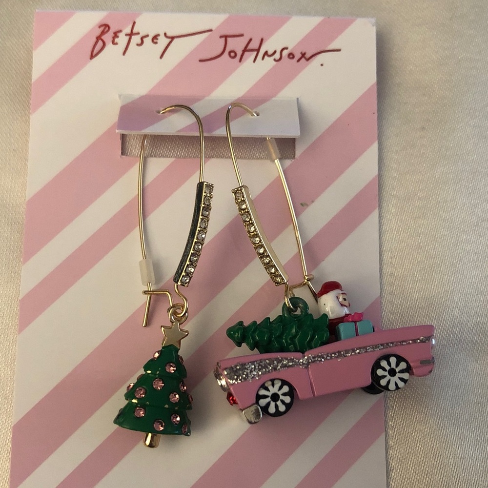 Betsey Johnson Jingle Bell Bling Mismatch Santa Car & Tree Drop Earrings NWT
